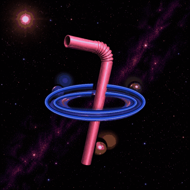 A bright pink drinking straw passing through glowing blue rings in space, the SaturnStraw logo.